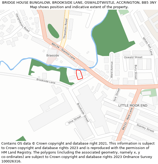BRIDGE HOUSE BUNGALOW, BROOKSIDE LANE, OSWALDTWISTLE, ACCRINGTON, BB5 3NY: Location map and indicative extent of plot