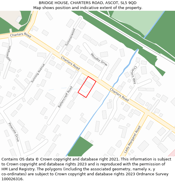 BRIDGE HOUSE, CHARTERS ROAD, ASCOT, SL5 9QD: Location map and indicative extent of plot