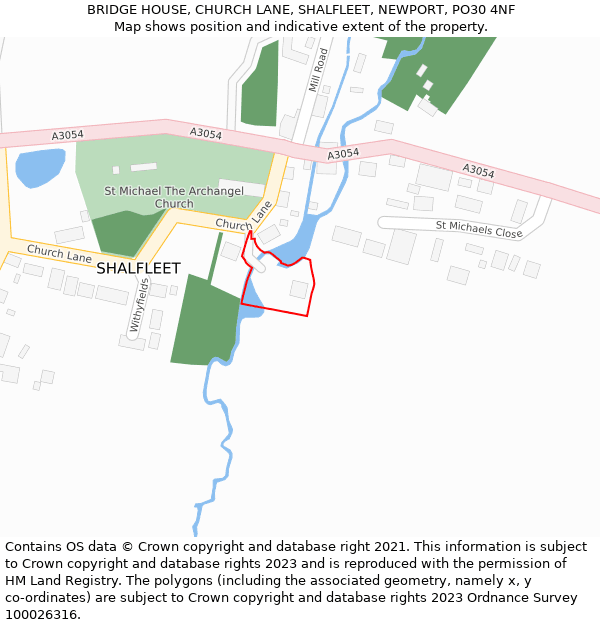 BRIDGE HOUSE, CHURCH LANE, SHALFLEET, NEWPORT, PO30 4NF: Location map and indicative extent of plot