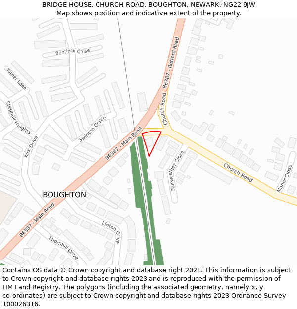 BRIDGE HOUSE, CHURCH ROAD, BOUGHTON, NEWARK, NG22 9JW: Location map and indicative extent of plot