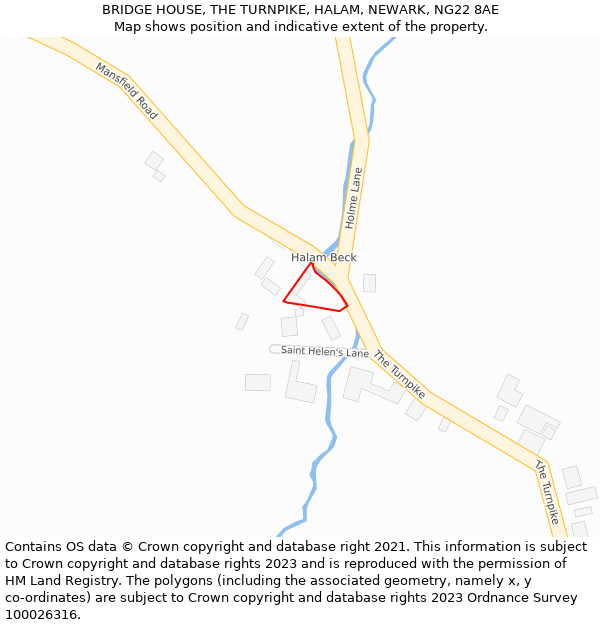 BRIDGE HOUSE, THE TURNPIKE, HALAM, NEWARK, NG22 8AE: Location map and indicative extent of plot