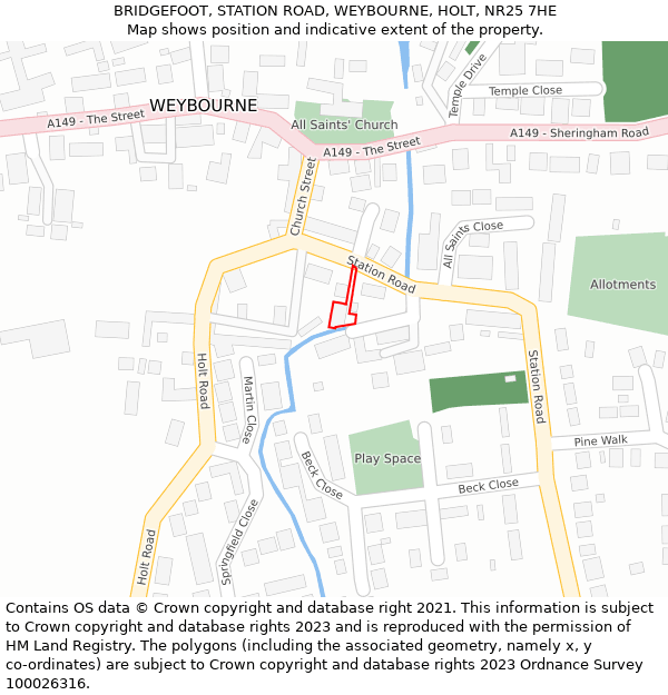 BRIDGEFOOT, STATION ROAD, WEYBOURNE, HOLT, NR25 7HE: Location map and indicative extent of plot