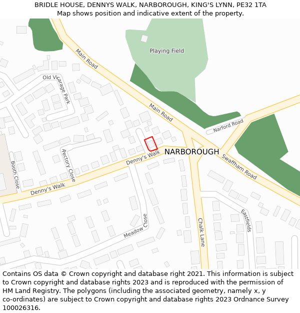 BRIDLE HOUSE, DENNYS WALK, NARBOROUGH, KING'S LYNN, PE32 1TA: Location map and indicative extent of plot