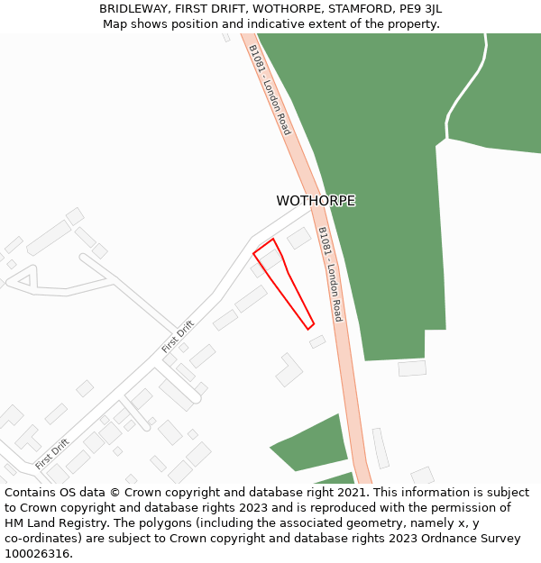 BRIDLEWAY, FIRST DRIFT, WOTHORPE, STAMFORD, PE9 3JL: Location map and indicative extent of plot