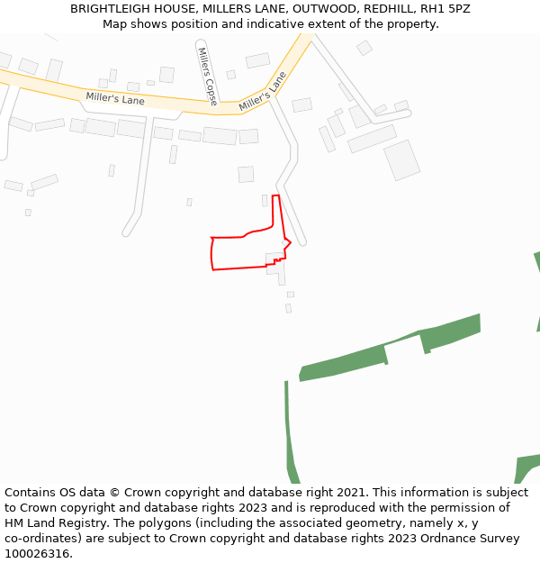BRIGHTLEIGH HOUSE, MILLERS LANE, OUTWOOD, REDHILL, RH1 5PZ: Location map and indicative extent of plot