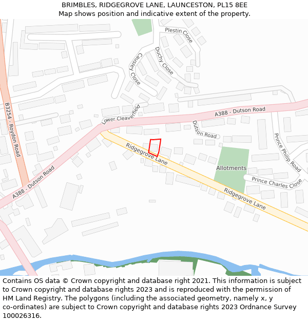 BRIMBLES, RIDGEGROVE LANE, LAUNCESTON, PL15 8EE: Location map and indicative extent of plot