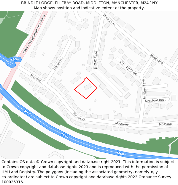 BRINDLE LODGE, ELLERAY ROAD, MIDDLETON, MANCHESTER, M24 1NY: Location map and indicative extent of plot