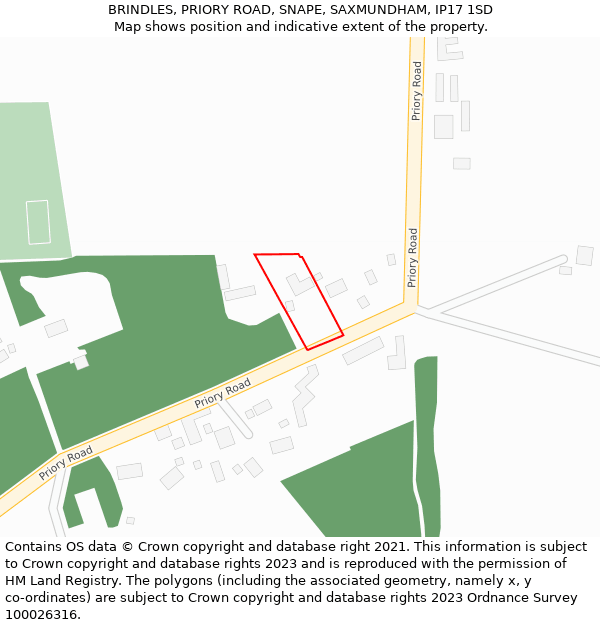 BRINDLES, PRIORY ROAD, SNAPE, SAXMUNDHAM, IP17 1SD: Location map and indicative extent of plot