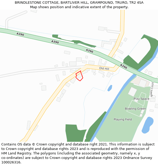 BRINDLESTONE COTTAGE, BARTLIVER HILL, GRAMPOUND, TRURO, TR2 4SA: Location map and indicative extent of plot