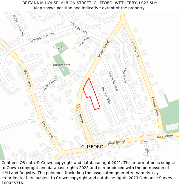 BRITANNIA HOUSE, ALBION STREET, CLIFFORD, WETHERBY, LS23 6HY: Location map and indicative extent of plot
