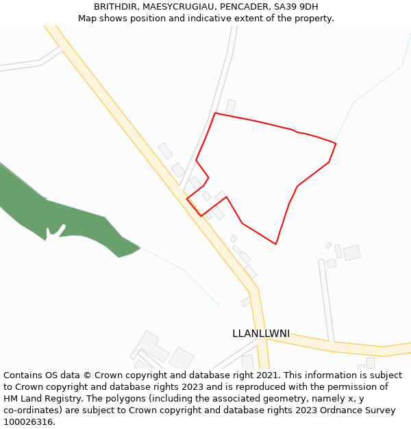 BRITHDIR, MAESYCRUGIAU, PENCADER, SA39 9DH: Location map and indicative extent of plot