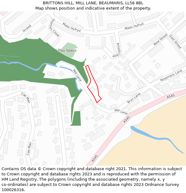 BRITTONS HILL, MILL LANE, BEAUMARIS, LL58 8BL: Location map and indicative extent of plot