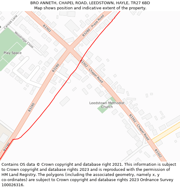 BRO ANNETH, CHAPEL ROAD, LEEDSTOWN, HAYLE, TR27 6BD: Location map and indicative extent of plot