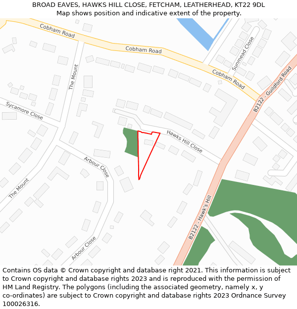 BROAD EAVES, HAWKS HILL CLOSE, FETCHAM, LEATHERHEAD, KT22 9DL: Location map and indicative extent of plot