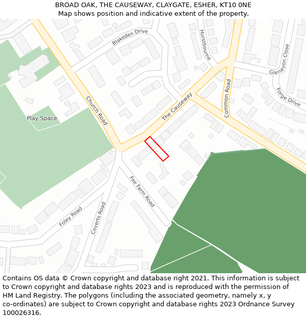 BROAD OAK, THE CAUSEWAY, CLAYGATE, ESHER, KT10 0NE: Location map and indicative extent of plot