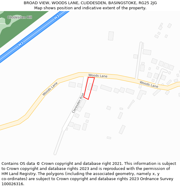 BROAD VIEW, WOODS LANE, CLIDDESDEN, BASINGSTOKE, RG25 2JG: Location map and indicative extent of plot