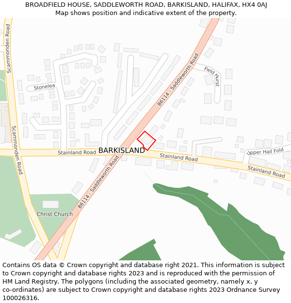 BROADFIELD HOUSE, SADDLEWORTH ROAD, BARKISLAND, HALIFAX, HX4 0AJ: Location map and indicative extent of plot