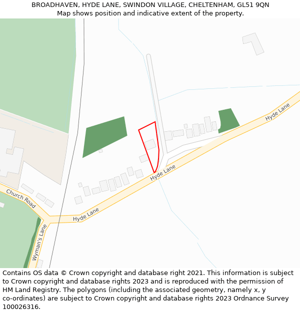 BROADHAVEN, HYDE LANE, SWINDON VILLAGE, CHELTENHAM, GL51 9QN: Location map and indicative extent of plot