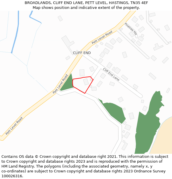 BROADLANDS, CLIFF END LANE, PETT LEVEL, HASTINGS, TN35 4EF: Location map and indicative extent of plot