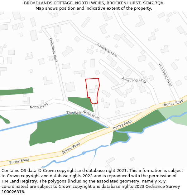 BROADLANDS COTTAGE, NORTH WEIRS, BROCKENHURST, SO42 7QA: Location map and indicative extent of plot
