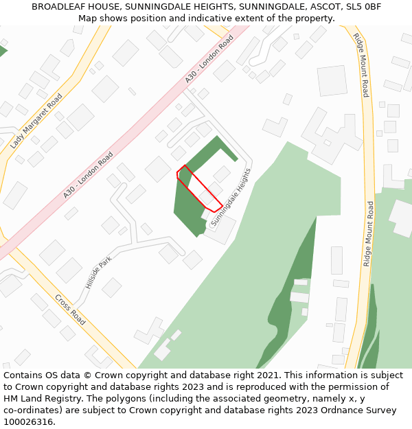BROADLEAF HOUSE, SUNNINGDALE HEIGHTS, SUNNINGDALE, ASCOT, SL5 0BF: Location map and indicative extent of plot