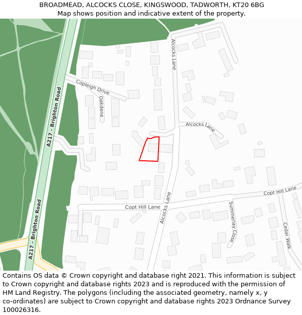 BROADMEAD, ALCOCKS CLOSE, KINGSWOOD, TADWORTH, KT20 6BG: Location map and indicative extent of plot