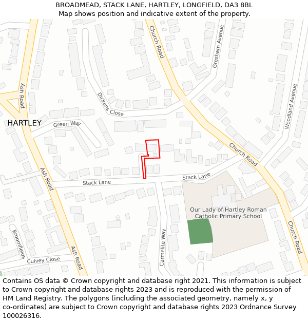 BROADMEAD, STACK LANE, HARTLEY, LONGFIELD, DA3 8BL: Location map and indicative extent of plot