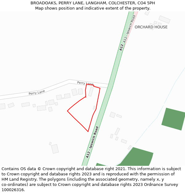 BROADOAKS, PERRY LANE, LANGHAM, COLCHESTER, CO4 5PH: Location map and indicative extent of plot