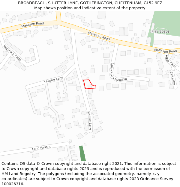 BROADREACH, SHUTTER LANE, GOTHERINGTON, CHELTENHAM, GL52 9EZ: Location map and indicative extent of plot