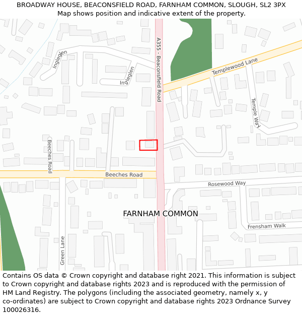 BROADWAY HOUSE, BEACONSFIELD ROAD, FARNHAM COMMON, SLOUGH, SL2 3PX: Location map and indicative extent of plot