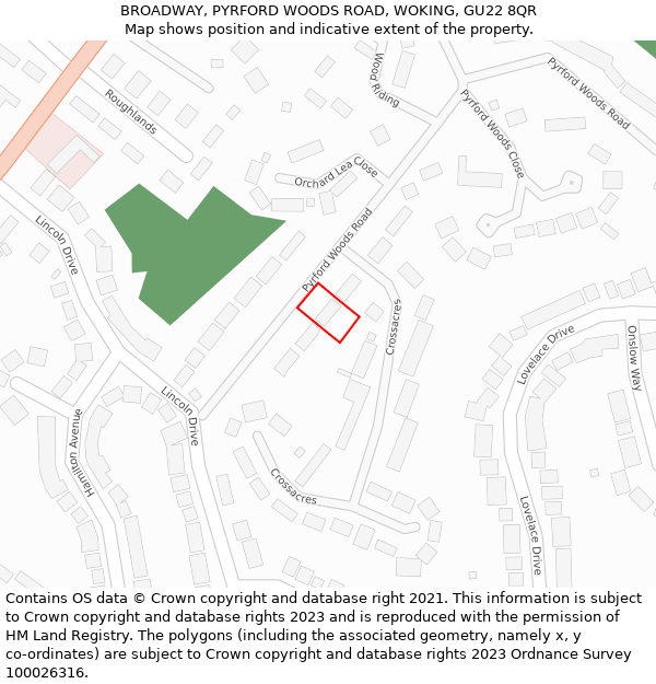BROADWAY, PYRFORD WOODS ROAD, WOKING, GU22 8QR: Location map and indicative extent of plot