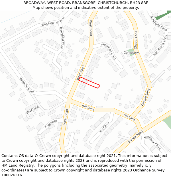 BROADWAY, WEST ROAD, BRANSGORE, CHRISTCHURCH, BH23 8BE: Location map and indicative extent of plot