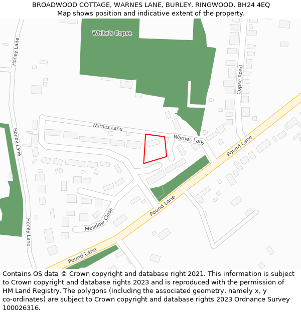 BROADWOOD COTTAGE, WARNES LANE, BURLEY, RINGWOOD, BH24 4EQ: Location map and indicative extent of plot