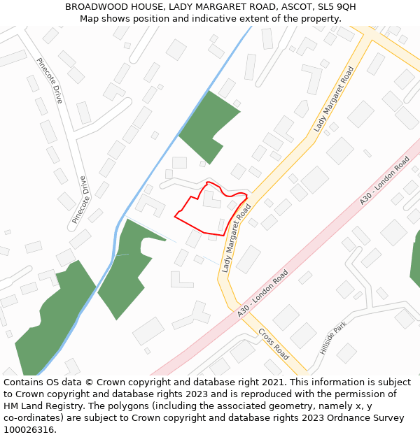 BROADWOOD HOUSE, LADY MARGARET ROAD, ASCOT, SL5 9QH: Location map and indicative extent of plot