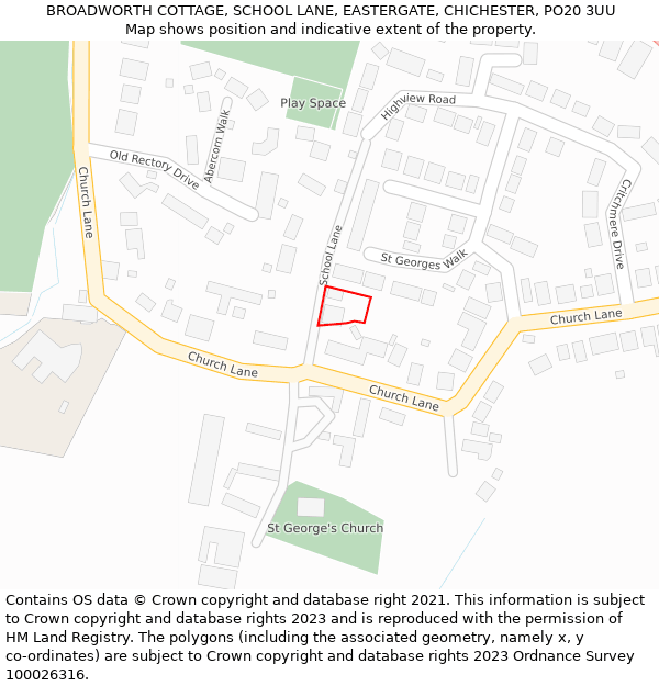 BROADWORTH COTTAGE, SCHOOL LANE, EASTERGATE, CHICHESTER, PO20 3UU: Location map and indicative extent of plot