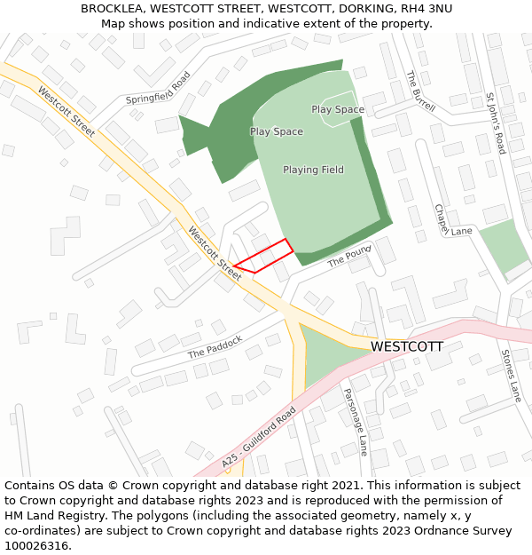 BROCKLEA, WESTCOTT STREET, WESTCOTT, DORKING, RH4 3NU: Location map and indicative extent of plot