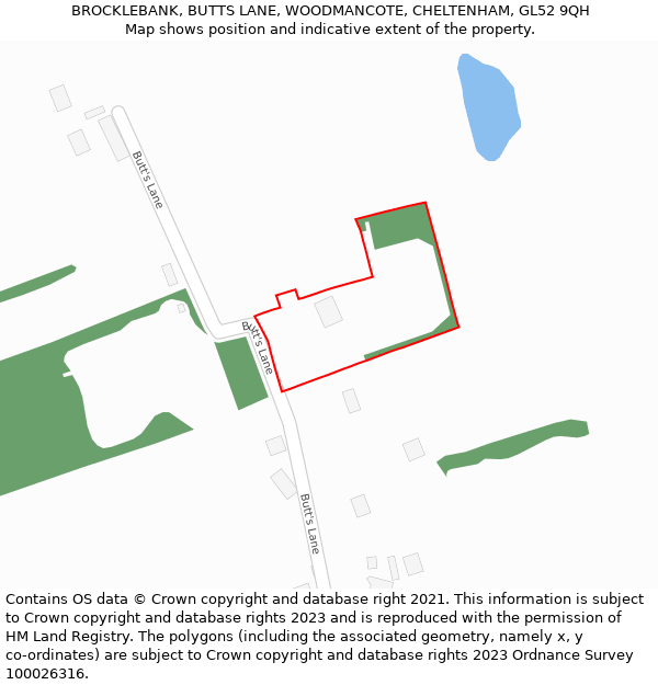 BROCKLEBANK, BUTTS LANE, WOODMANCOTE, CHELTENHAM, GL52 9QH: Location map and indicative extent of plot