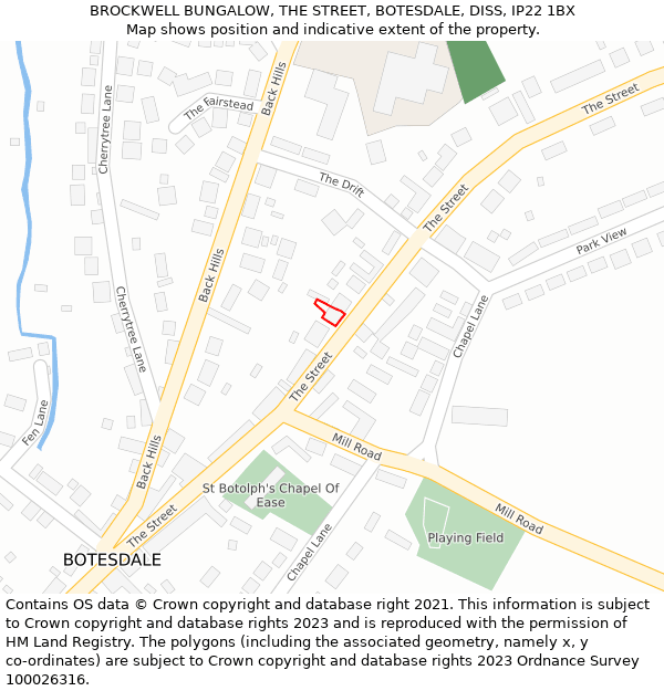 BROCKWELL BUNGALOW, THE STREET, BOTESDALE, DISS, IP22 1BX: Location map and indicative extent of plot