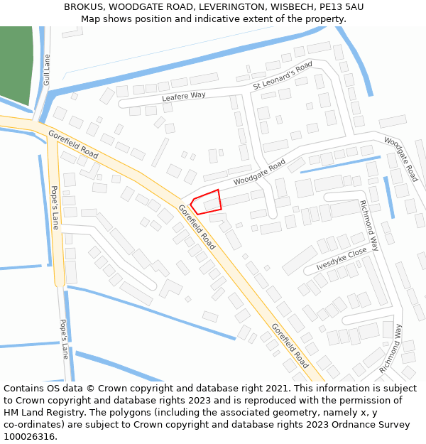 BROKUS, WOODGATE ROAD, LEVERINGTON, WISBECH, PE13 5AU: Location map and indicative extent of plot