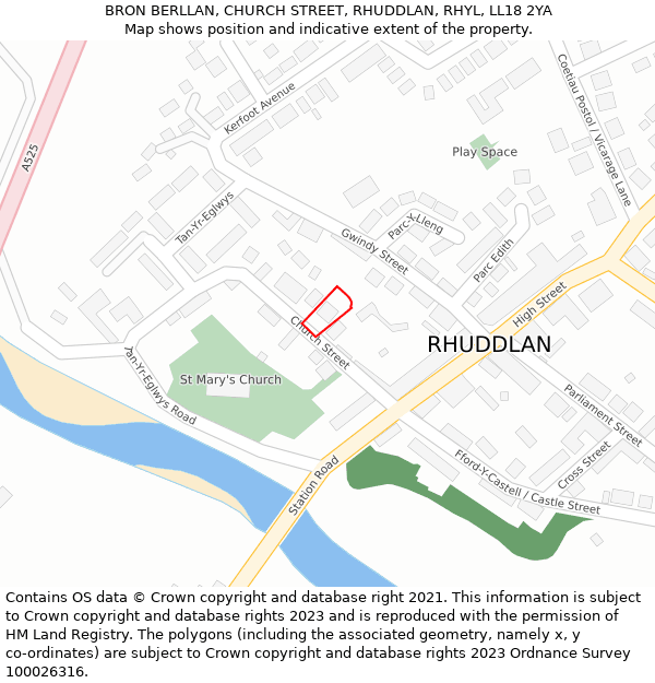 BRON BERLLAN, CHURCH STREET, RHUDDLAN, RHYL, LL18 2YA: Location map and indicative extent of plot