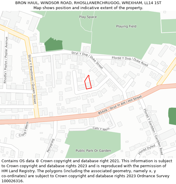 BRON HAUL, WINDSOR ROAD, RHOSLLANERCHRUGOG, WREXHAM, LL14 1ST: Location map and indicative extent of plot