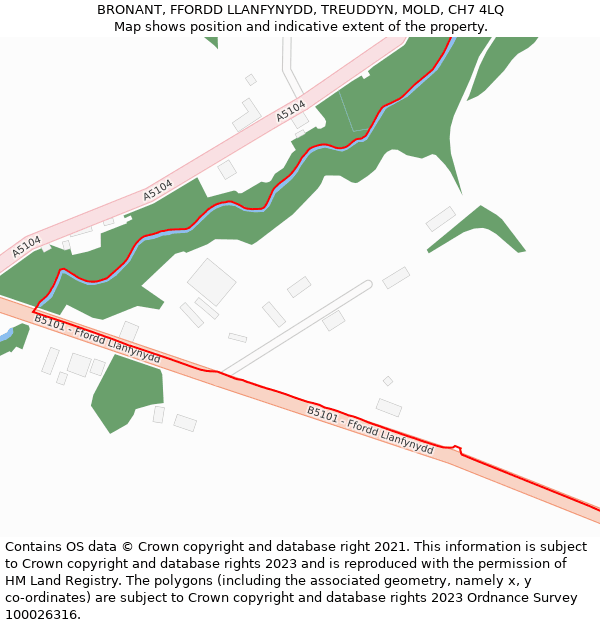 BRONANT, FFORDD LLANFYNYDD, TREUDDYN, MOLD, CH7 4LQ: Location map and indicative extent of plot