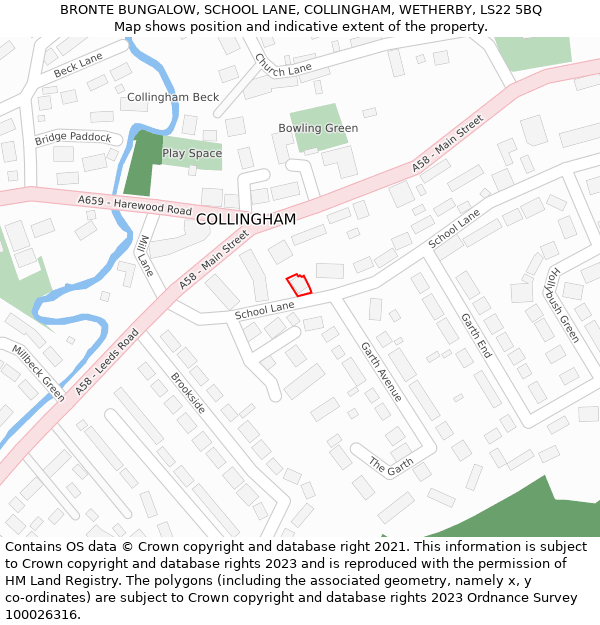 BRONTE BUNGALOW, SCHOOL LANE, COLLINGHAM, WETHERBY, LS22 5BQ: Location map and indicative extent of plot