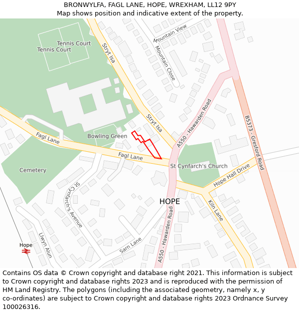 BRONWYLFA, FAGL LANE, HOPE, WREXHAM, LL12 9PY: Location map and indicative extent of plot