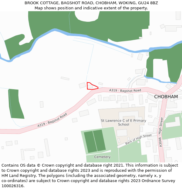 BROOK COTTAGE, BAGSHOT ROAD, CHOBHAM, WOKING, GU24 8BZ: Location map and indicative extent of plot