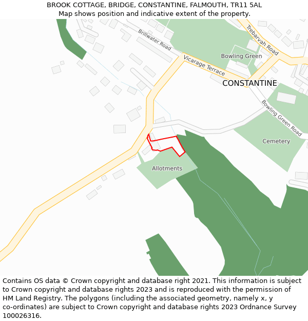BROOK COTTAGE, BRIDGE, CONSTANTINE, FALMOUTH, TR11 5AL: Location map and indicative extent of plot