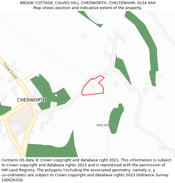 BROOK COTTAGE, CALVES HILL, CHEDWORTH, CHELTENHAM, GL54 4AH: Location map and indicative extent of plot