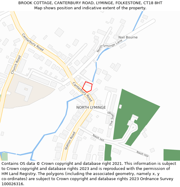 BROOK COTTAGE, CANTERBURY ROAD, LYMINGE, FOLKESTONE, CT18 8HT: Location map and indicative extent of plot