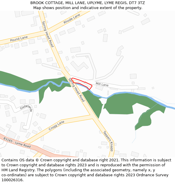 BROOK COTTAGE, MILL LANE, UPLYME, LYME REGIS, DT7 3TZ: Location map and indicative extent of plot