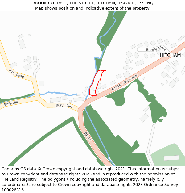 BROOK COTTAGE, THE STREET, HITCHAM, IPSWICH, IP7 7NQ: Location map and indicative extent of plot